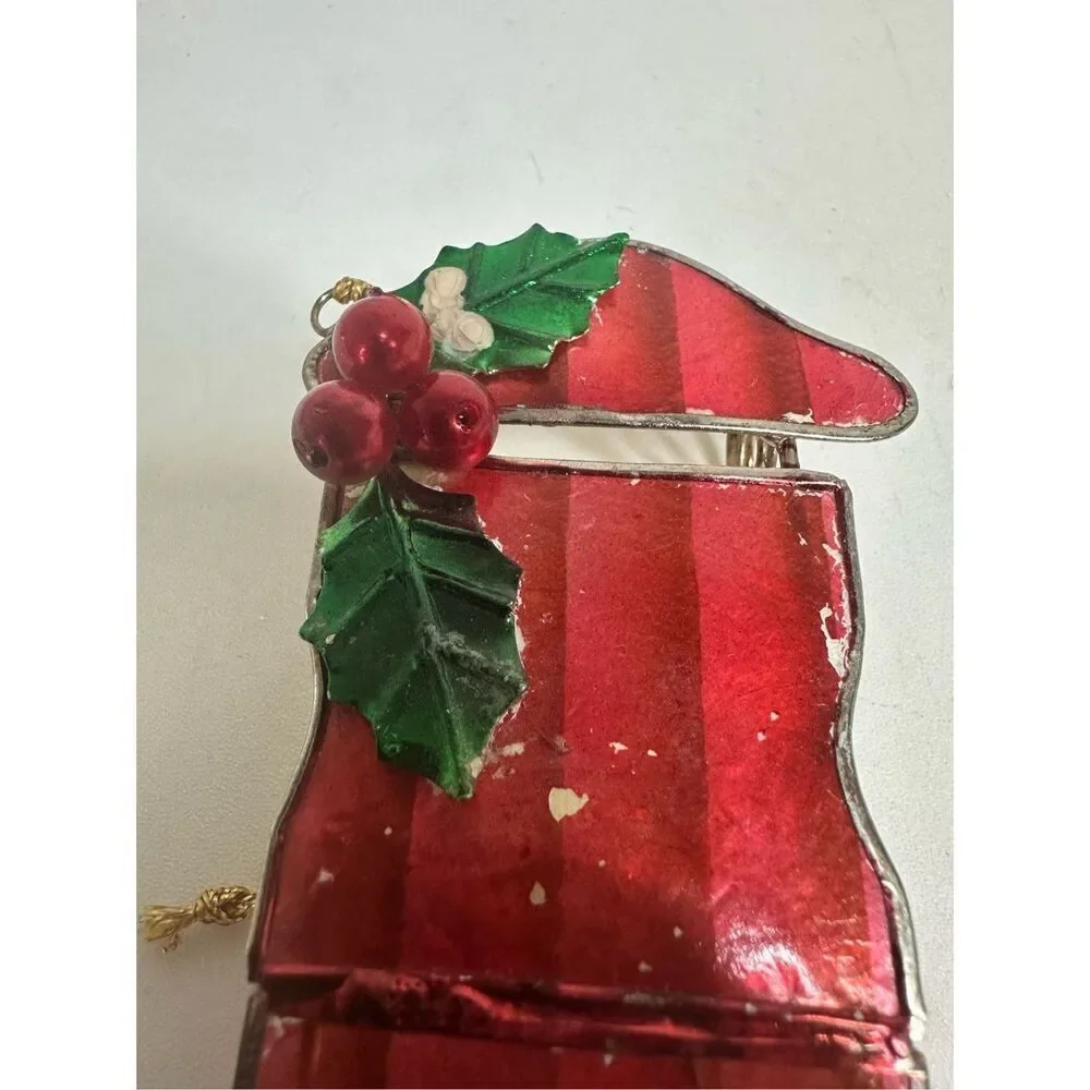 Rare Vintage Stained Christmas Ornament Santa's Sleigh 4”
